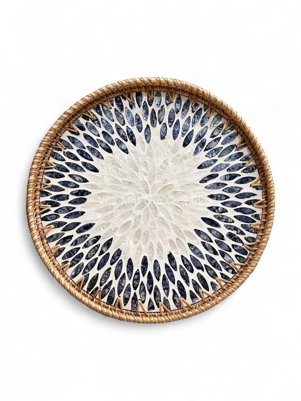 Coastal Mother Of Pearl Serving Tray With Rattan (2)