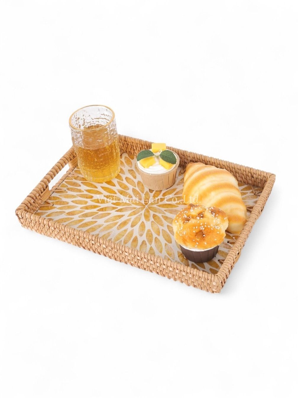 Elegant Rectangular Rattan Mother Of Pearl Serving Tray (2)