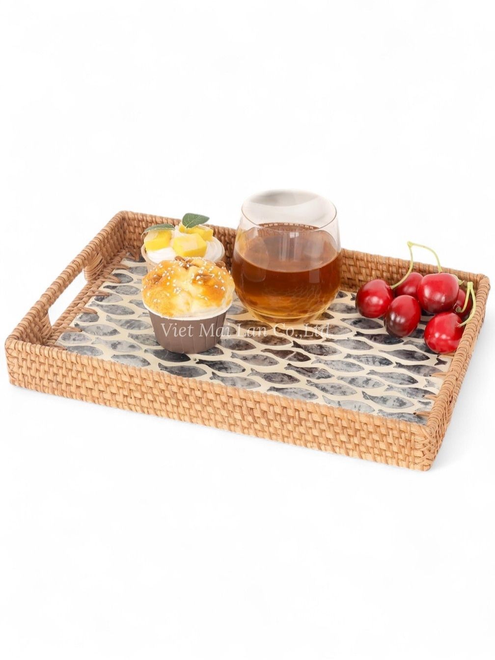 Fish Rectangular Rattan Mother Of Pearl Serving Tray (2)