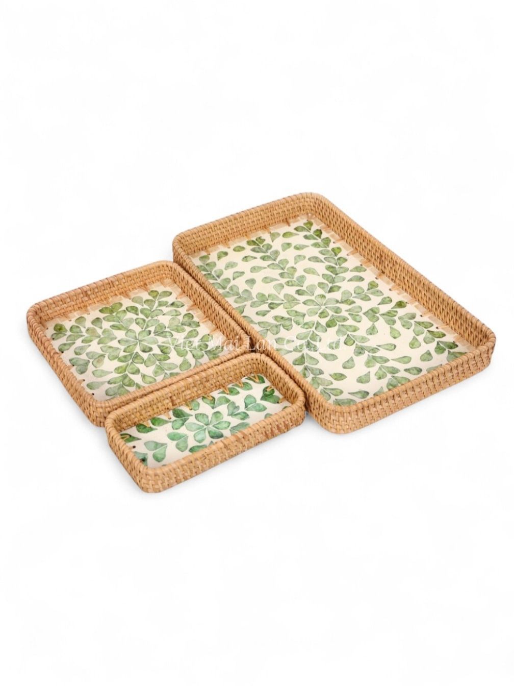 Green Rattan And Mother Of Pearl Tray Set (1)