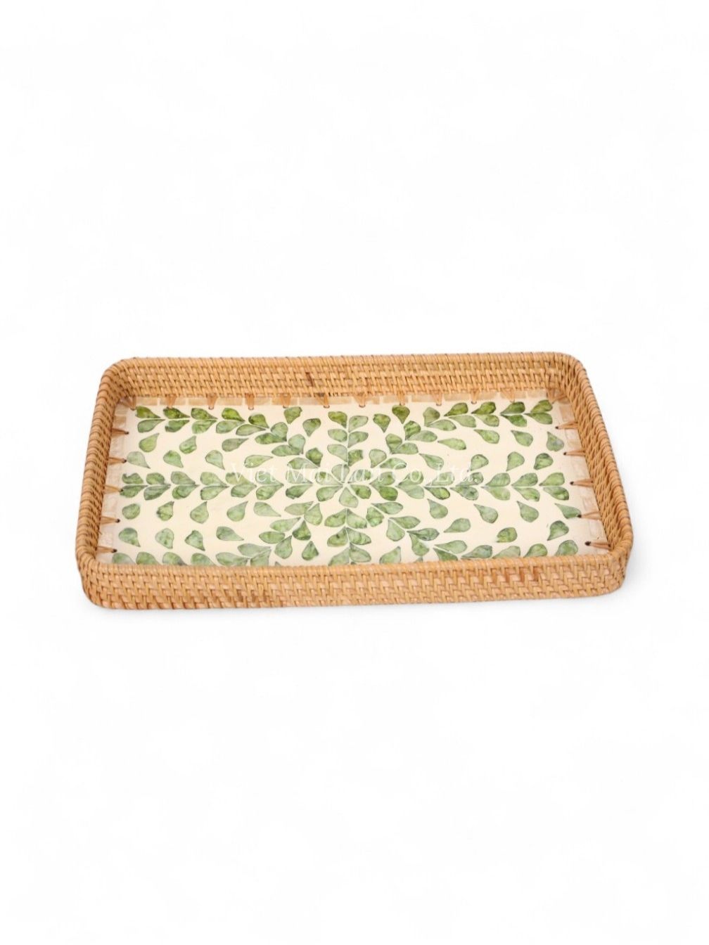 Green Rattan And Mother Of Pearl Tray Set (2)