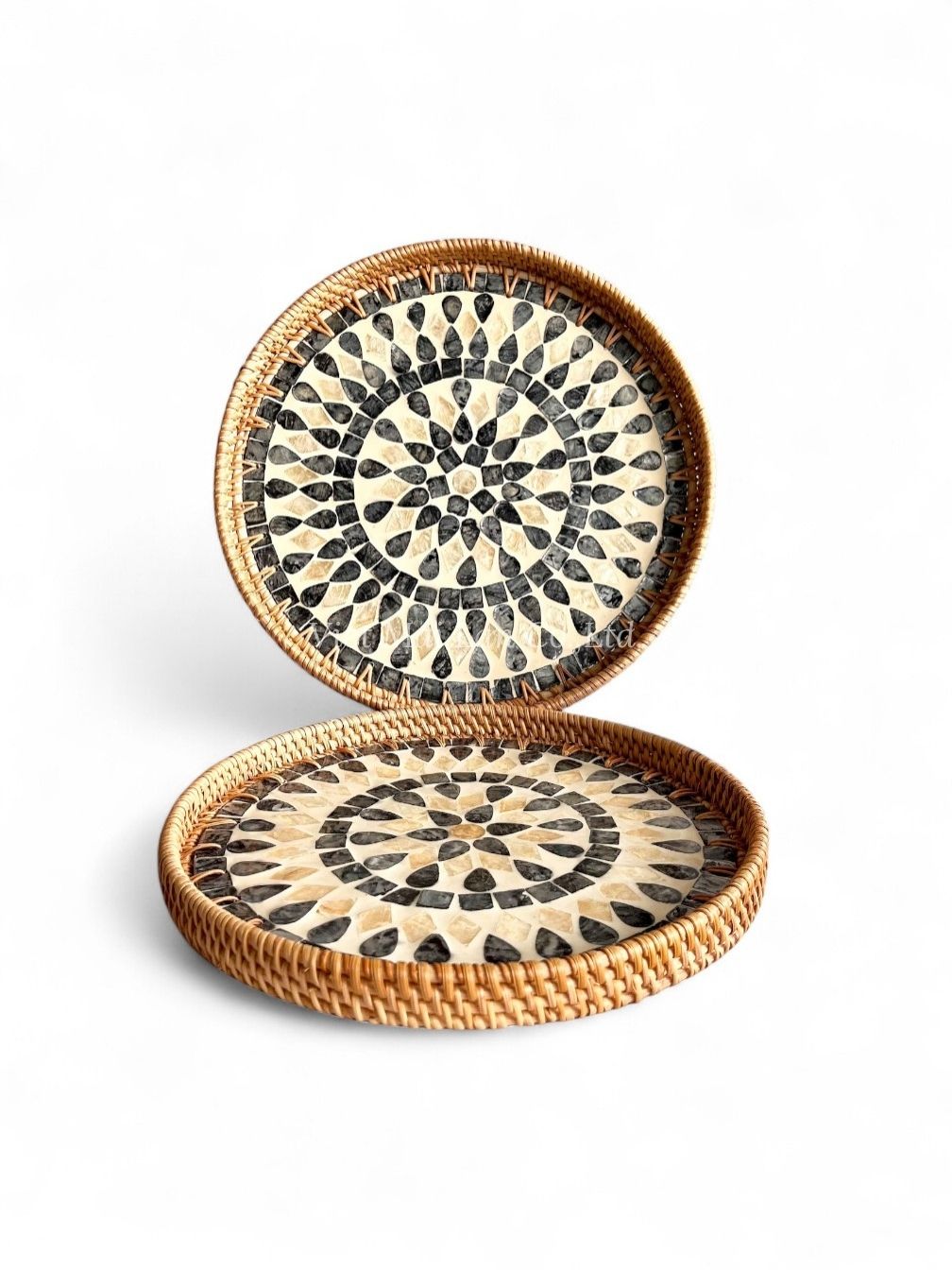 Handcrafted Mother Of Pearl Serving Tray With Rattan (1)