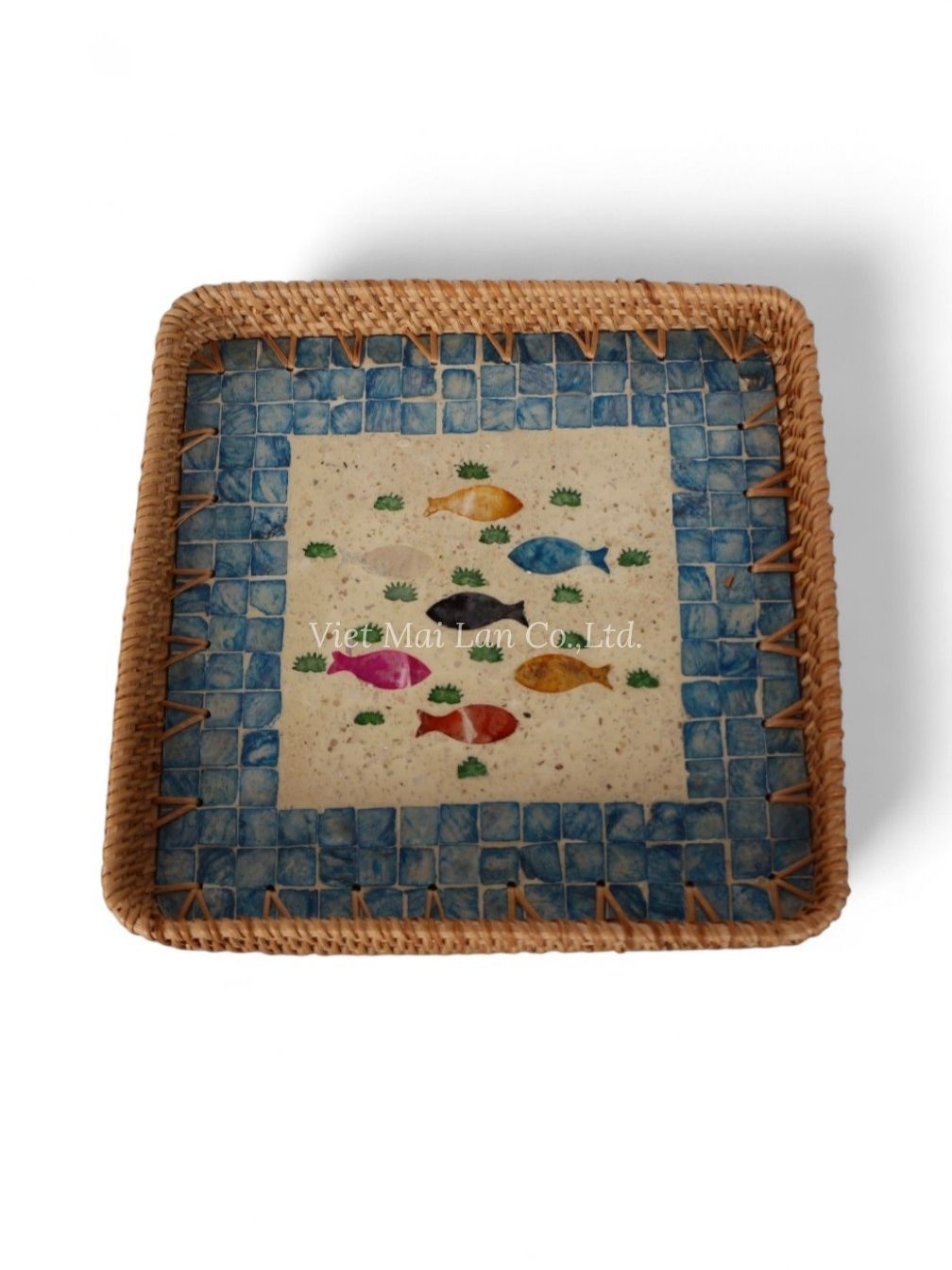 Handcrafted Square Rattan Mother Of Pearl Serving Tray (2)