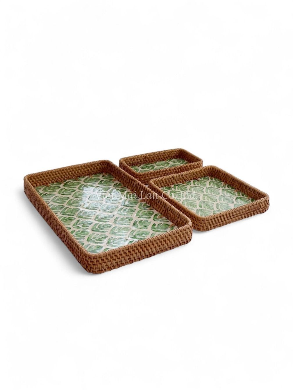 Luxury Green Rattan And Mother Of Pearl Tray Set (2)