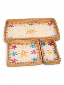 Natural Floral Rattan And Mother Of Pearl Tray Set (1)