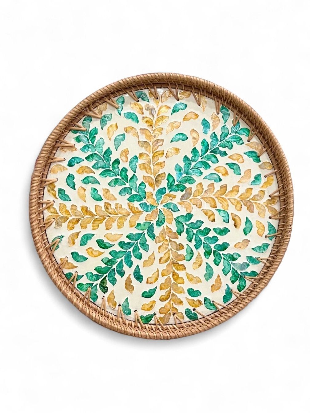 Round Mother Of Pearl Serving Tray With Rattan (1)