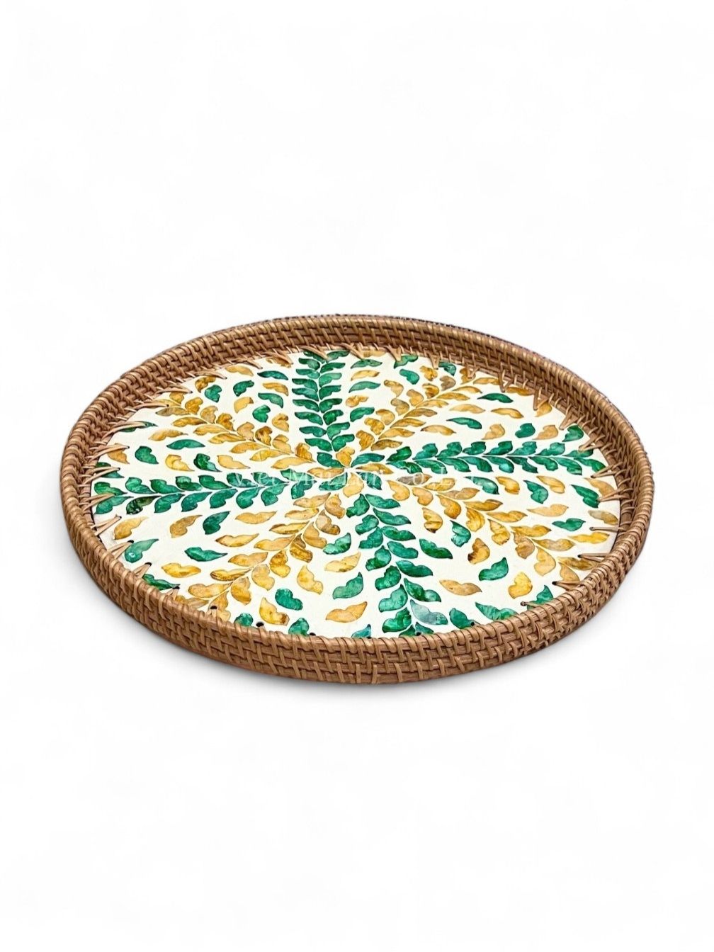 Round Mother Of Pearl Serving Tray With Rattan (2)