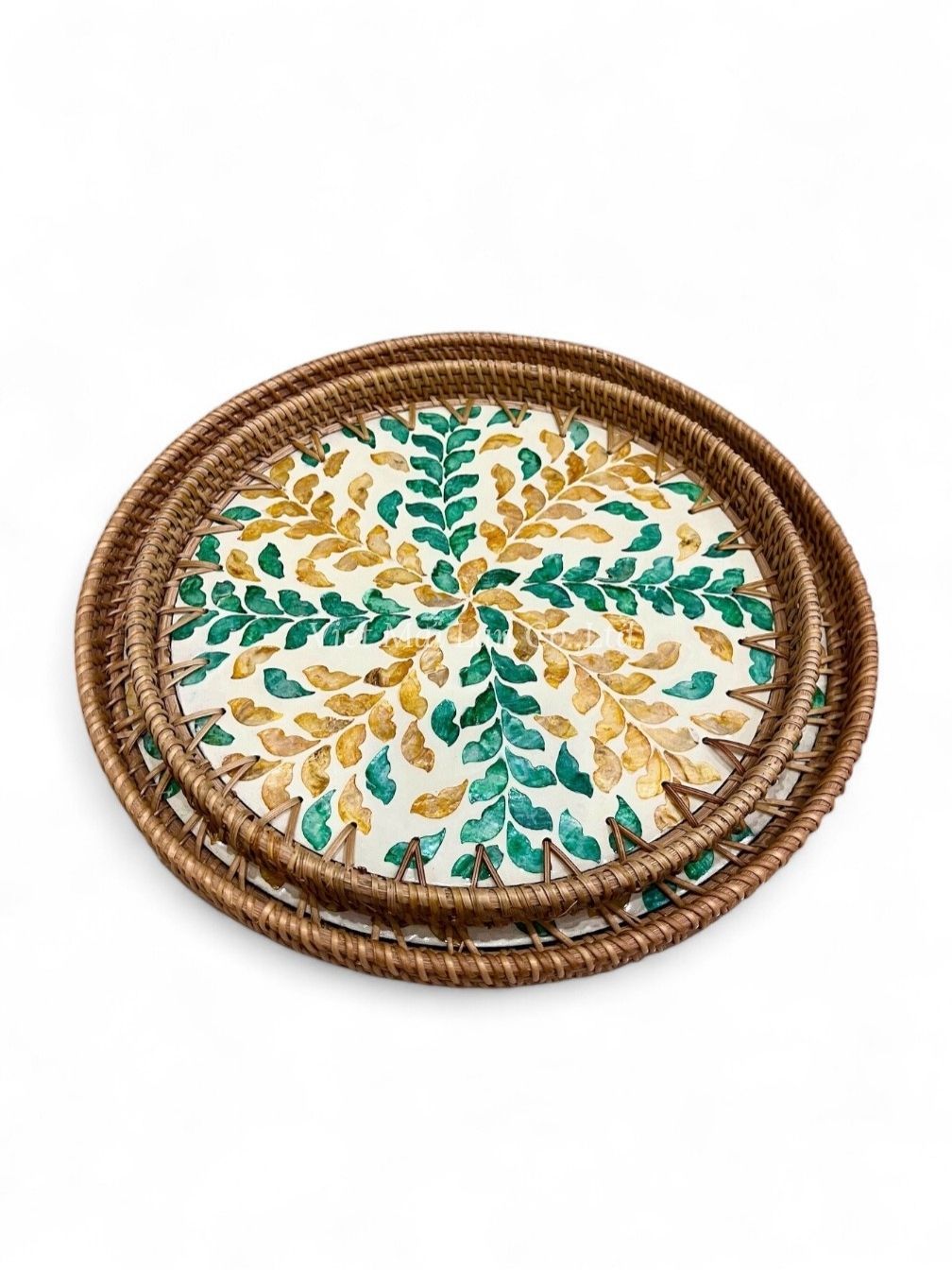 Round Mother Of Pearl Serving Tray With Rattan (3)