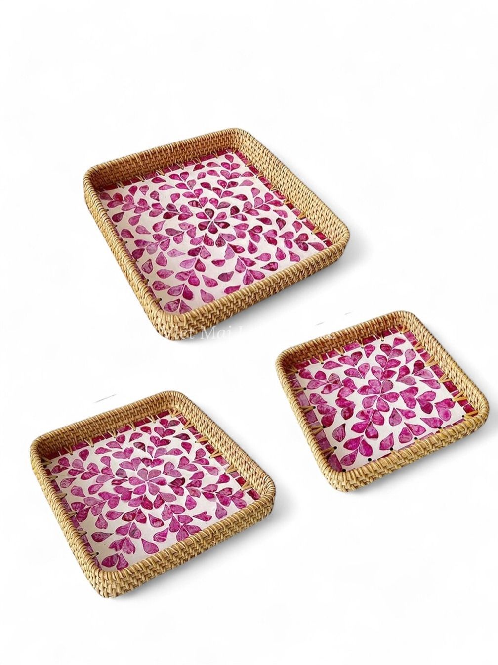 Set Rattan Mother Of Pearl Serving Tray (2)