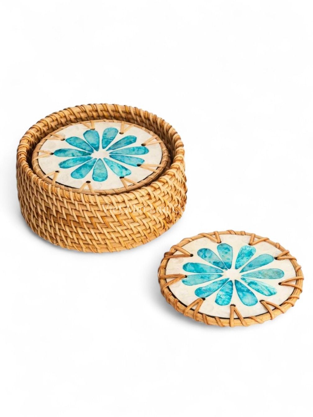 Soft Blue Mother Of Pearl Coaster With Holder (1)