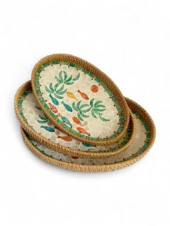 Vintage Oval Rattan And Mother Of Pearl Tray (1)