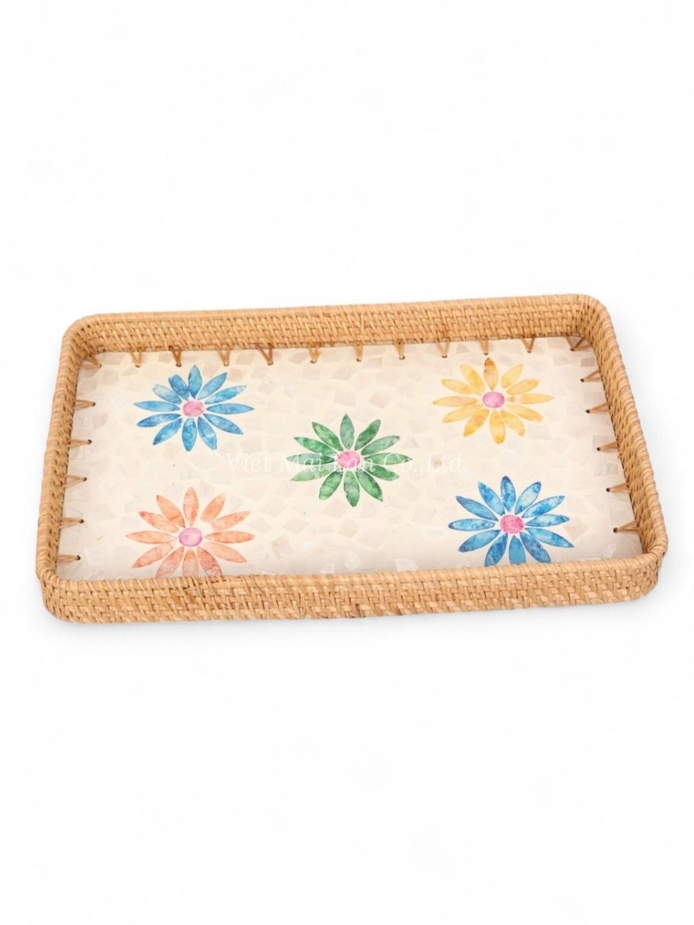 Harming Floral Rattan And Mother Of Pearl Tray Set (2)